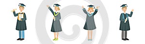 Graduated Man and Woman Students in Gown and Hat with Diploma Vector Set