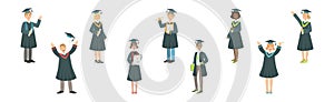 Graduated Man and Woman Students in Gown and Hat with Diploma Vector Set