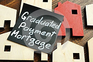 Graduated payment mortgage GPM sign and tiny houses.