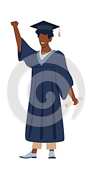 Graduated student with diploma. Young man wearing academic gown with paper vector concept