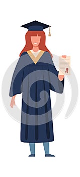 Graduated student. Girl with diploma or certificate wearing academic gown, graduation from college or university. Flat