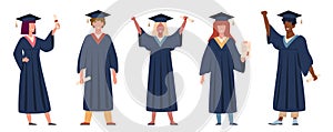 Graduated student. Happy students with diplomas wearing academic gown and graduation cap, group with education