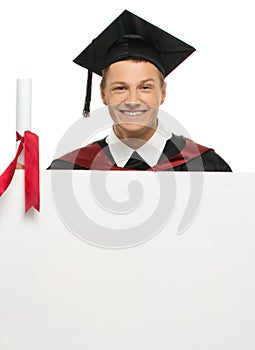 Graduated student man with notice board