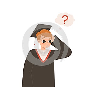 Graduated student thoughtful, boy has question and looking answers. Thinking cartoon flat young character, smart vector