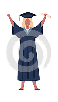 Graduated student. Vector girl wearing graduation robe with education certificate or diploma