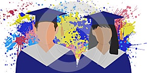 Graduated students in mantle and graduation cap on background of rainbow splashes. Vector illustration photo