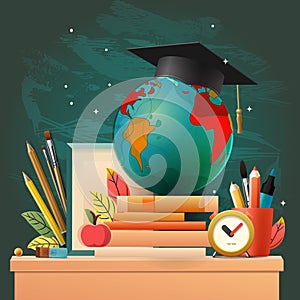 Graduated study abroad international Conceptual. Graduation hat on top Earth globe model map with books, pencils