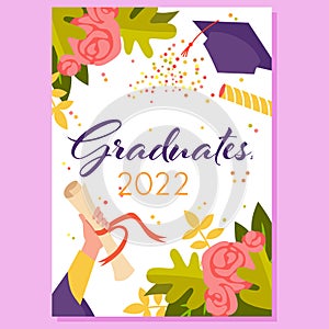 Graduates 2022, congratulation greeting card design, hand of student holding diploma