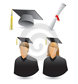 Graduates, diploma, and cap on white backdrop