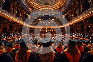 Graduates in a grand auditorium, academic success concept. Graduation time in educational institutions. photo