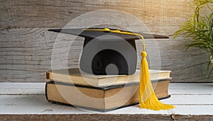 Graduates hat and yellow tassel place on old book on white wodden background
