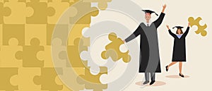 Graduates with higher education with puzzle, flat vector stock illustration as a template with copy space for design with male and