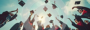 Graduates rejoice in sunlight, cap toss under blue sky, celebration of academic success