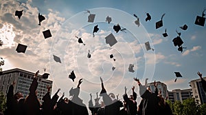 graduates student Graduation caps thrown in the Air Blue sky, generative ai