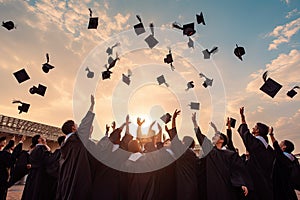 Graduates throwing their hats in the air. Concept of education and graduation, rear view of graduates throwing graduation caps in