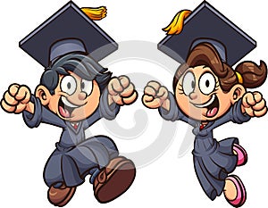 Graduating excited boy and girl wearing a cap and gown