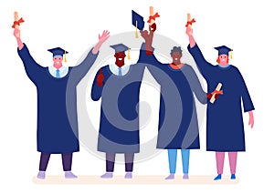 Graduating happy Students isolated on white background. Vector illustration in a flat cartoon style