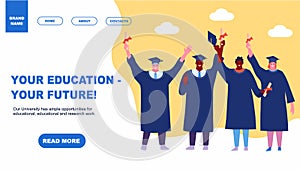 Graduating happy Students Landing Web Page Template Education Concept Element Flat cartoon Design Style. Vector