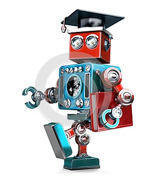 Graduating Robot in grad hat with book. . Contains clipping path