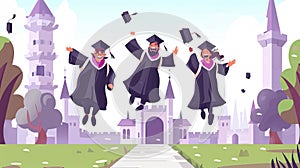 Graduating student jumps in joy, characters in gowns and academic caps rejoice, jumping and cheering excited to get