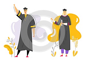 Graduating Students with Diploma. Man and Woman Characters Graduation Education Concept. University Student College