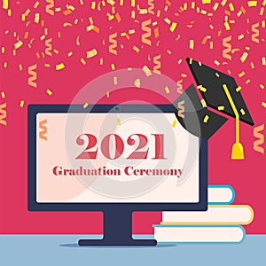 Graduation 2021. Flat design colorful vector illustration concept for distance education, online learning for web banners and
