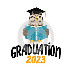 Graduation 2023. Wise owl in academic cap reading book.