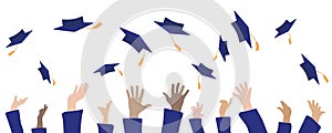 Graduation banner. Graduates hands throwing square academic caps or mortarboards. Vector illustration