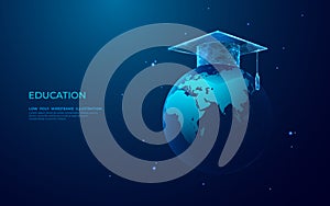Graduation cap on abstract globe Earth. Global education concept.