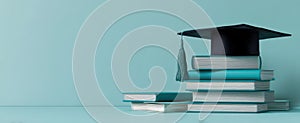 The graduation cap atop a stack of books for academic achievement..AI generated image