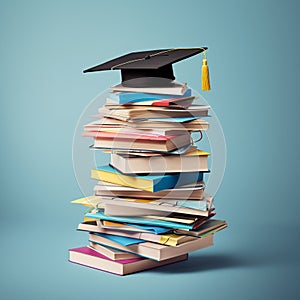 Graduation cap balancing on stack of colorful books with a touch of fantasy