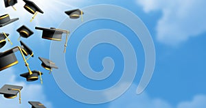 Graduation cap with blue sky background 3D render