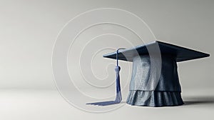 Graduation cap with blue tassel centered on neutral background embodying culmination of academic effort. Simplicity of