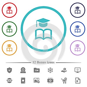Graduation cap with book flat color icons in circle shape outlines