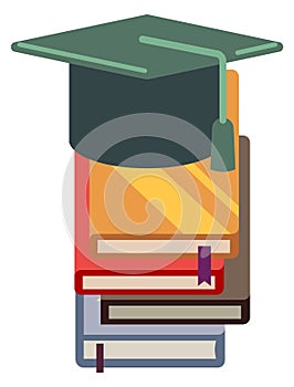 Graduation cap on book stack. Education flat icon