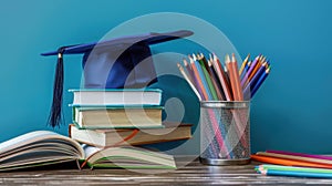 The graduation cap on books.. AI generated
