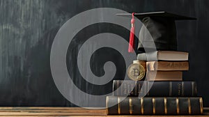 Graduation Cap on Books and Bitcoin.AI generated image