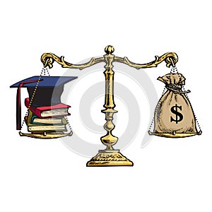 Graduation cap, books and sack of dollars on scales