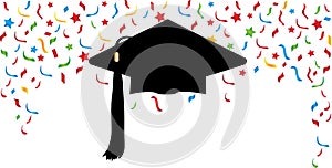Graduation Cap and Colorful Confetti Background