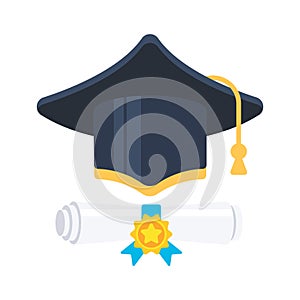 Graduation Cap with Degree. Diploma scroll. University degree certificate. Vector illustration