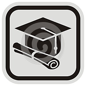 Graduation cap and diploma, button, vector symbol