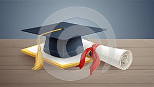 Graduation cap and diploma. Generated AI