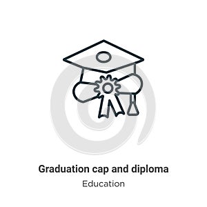 Graduation cap and diploma outline vector icon. Thin line black graduation cap and diploma icon, flat vector simple element