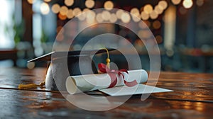 Graduation cap and diploma with red ribbon on wooden table with bokeh lights background