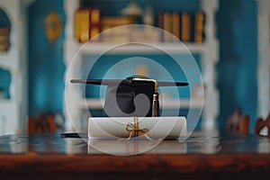 Graduation cap and diploma with red ribbon on wooden table with bokeh lights background