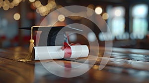 Graduation cap and diploma with red ribbon on wooden table with bokeh lights background