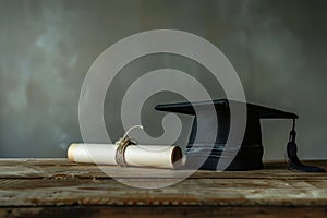 Graduation cap and diploma with red ribbon on wooden table with bokeh lights background