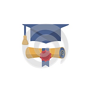Graduation cap and diploma rolled scroll flat design icon.