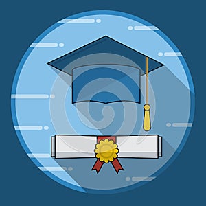 Graduation cap and diploma rolled scroll icon with long shadow