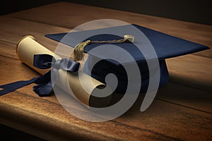 Graduation cap and diploma on rustic wooden table. Ai generative